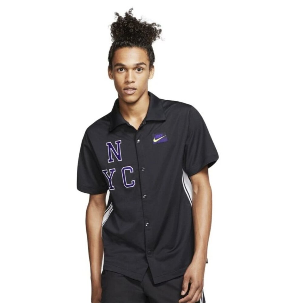 Nike NY Court Tennis Racquet Sport Men's Button Down Shirt Black White Purple L